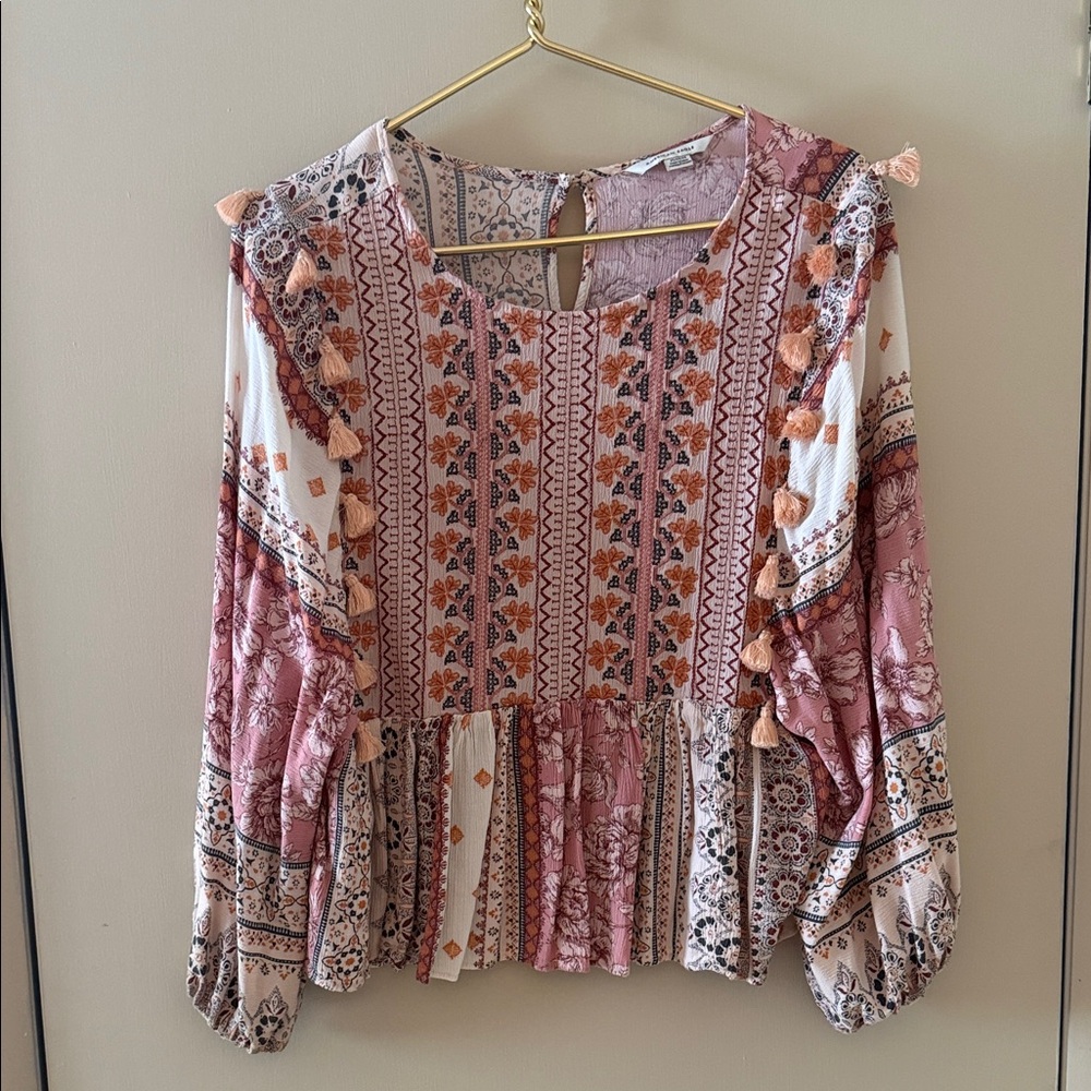 American Eagle Bohemian Tassel Embroidered Floral Mixed Print Peplum Top